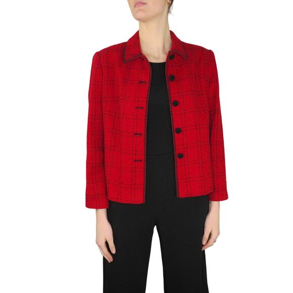 Talbots Vintage Red Tweed Plaid Blazer Jacket with Black Buttons Large Retro - Picture 2 of 7